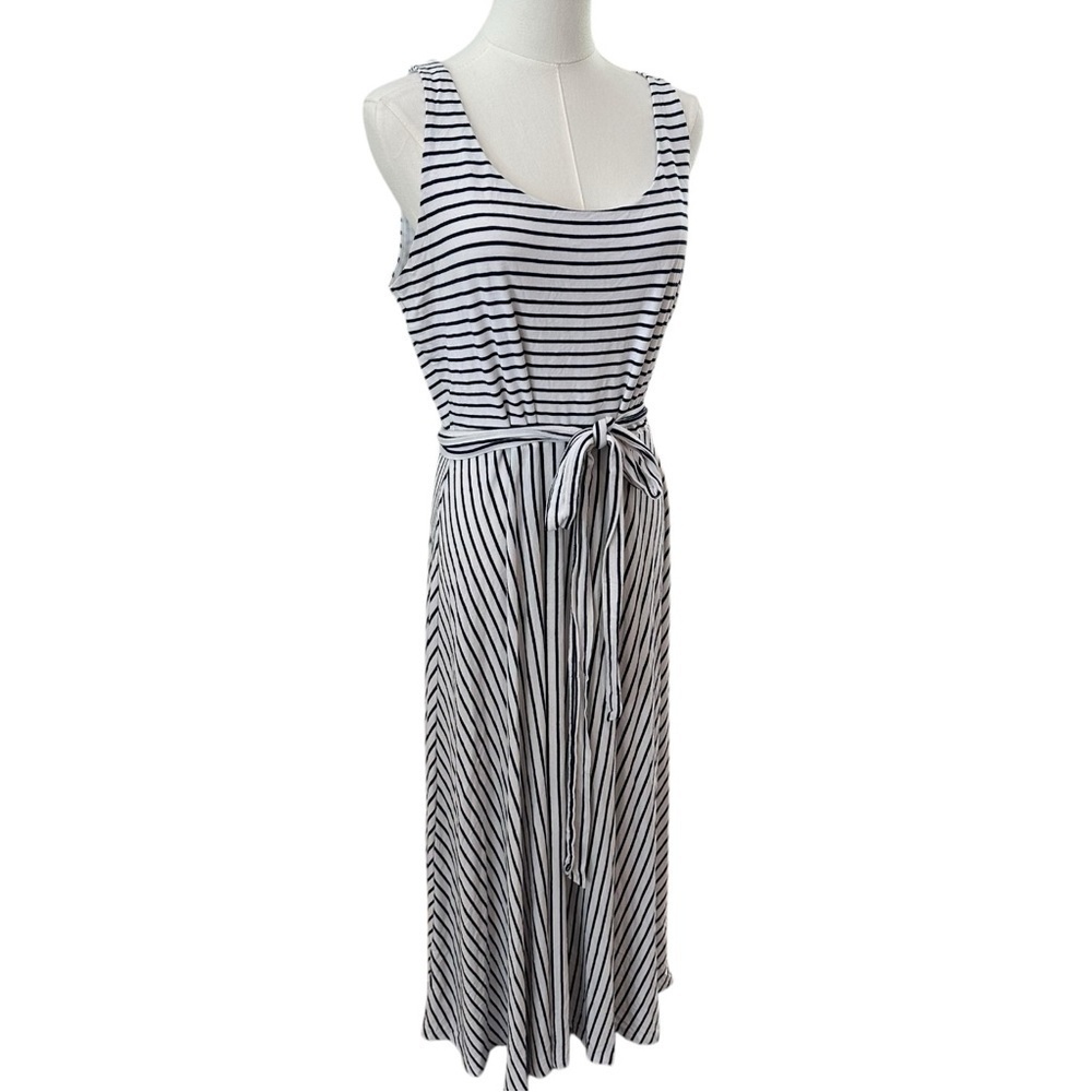 Loft Women's Large White Navy Blue Striped Nautical Soft Flowy Maxi Belted Dress